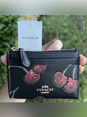 COACH Mini Skinny Id Case Cardholder Keychain Wallet w Cherry Print CDF83 NWT